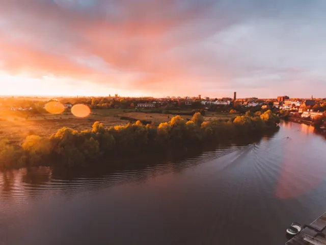 River at sunset seen from above